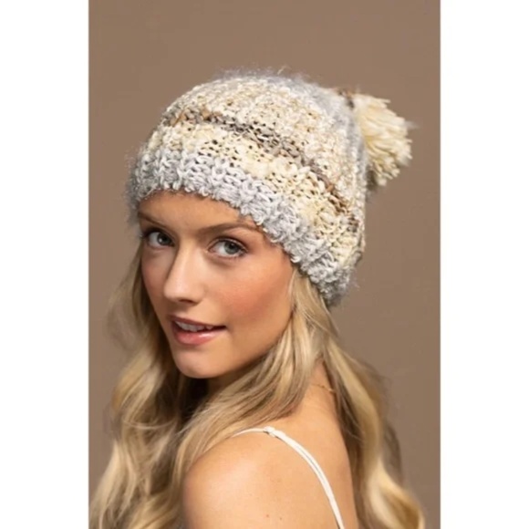 Ivory Cozy Knitted Striped Pompom Winter Knit Beanie Women's Hat - Picture 2 of 4